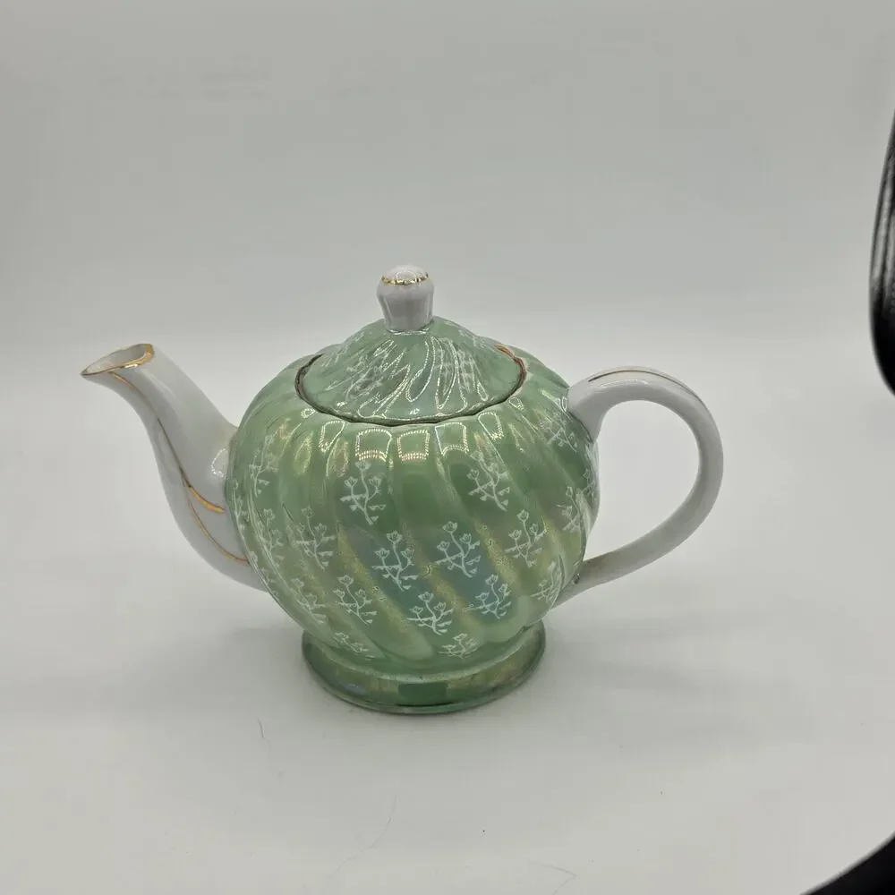 Vintage Japanese Green Lusterware Teapot Stenciled White Flowers Gold Trim READ